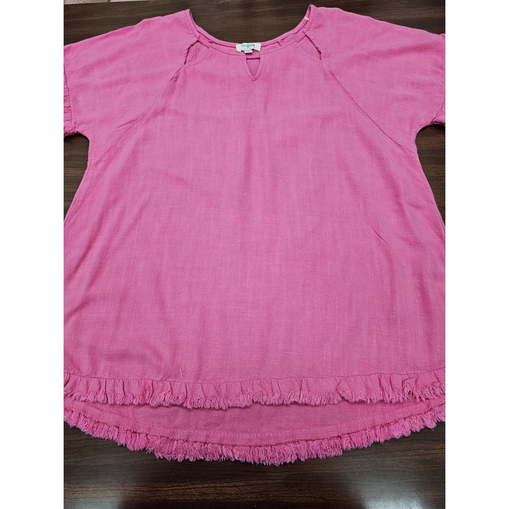 Umgee Hot Pink Short Sleeve Top with Fringed Hem